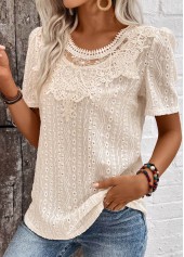 ROTITA Embroidery Light Camel Round Neck Short Sleeve T Shirt