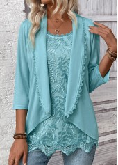 Mint Green tops,Plain Color tops,ROTITA Lace Mint Green Square Neck Fake Two Piece Twinset