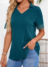 Peacock Blue tops,Plain Color tops,ROTITA Lace Peacock Blue Shirt Collar Short Sleeve Blouse
