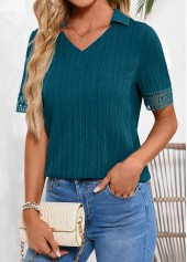 Peacock Blue tops,Plain Color tops,ROTITA Lace Peacock Blue Shirt Collar Short Sleeve Blouse