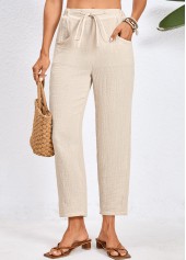 pantalon taille haute beige avec cordon de serrage et poches