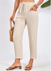 Beige bottoms,Plain Color bottoms,Pocket Beige Drawastring High Waisted Pants