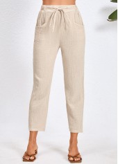 Beige bottoms,Plain Color bottoms,Pocket Beige Drawastring High Waisted Pants