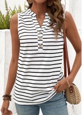 White tops,Black tops,Striped tops,Geometric tops,ROTITA Button Striped White Split Neck Tank Top