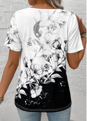 Black tops,White tops,Floral tops,Plants tops,Lightweight Floral Print Black Asymmetrical Neck T Shirt