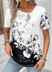 t-shirt léger à col asymétrique noir à imprimé floral