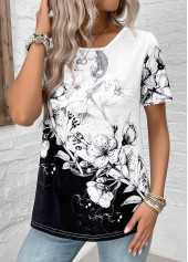 Black tops,White tops,Floral tops,Plants tops,Lightweight Floral Print Black Asymmetrical Neck T Shirt