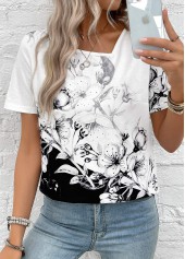 Black tops,White tops,Floral tops,Plants tops,Lightweight Floral Print Black Asymmetrical Neck T Shirt