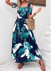 Navy dresses,Plants dresses,Vacation dresses,Vacation dresses,Pocket Plants Print Navy Scoop Neck Maxi Dress
