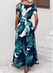 Navy dresses,Plants dresses,Vacation dresses,Vacation dresses,Pocket Plants Print Navy Scoop Neck Maxi Dress