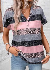 Grey tops,Dusty Pink tops,Striped tops,Geometric tops,ROTITA Button Striped Grey Split Neck Short Sleeve Blouse
