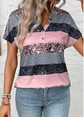 Grey tops,Dusty Pink tops,Striped tops,Geometric tops,ROTITA Button Striped Grey Split Neck Short Sleeve Blouse