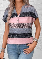 Grey tops,Dusty Pink tops,Striped tops,Geometric tops,ROTITA Button Striped Grey Split Neck Short Sleeve Blouse