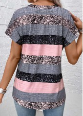 Grey tops,Dusty Pink tops,Striped tops,Geometric tops,ROTITA Button Striped Grey Split Neck Short Sleeve Blouse