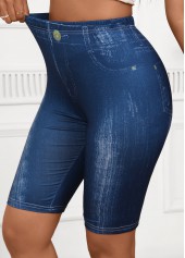 Denim Blue bottoms,Plain Color bottoms,Denim Blue High Waisted Elastic Waist Short Leggings