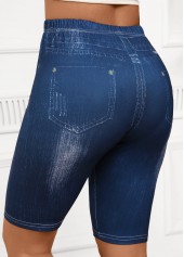 Denim Blue bottoms,Plain Color bottoms,Denim Blue High Waisted Elastic Waist Short Leggings