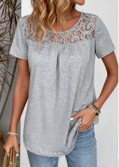 Grey tops,Plain Color tops,Patchwork Grey Round Neck Short Sleeve T Shirt