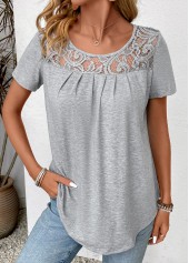Grey tops,Plain Color tops,Patchwork Grey Round Neck Short Sleeve T Shirt