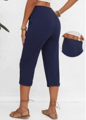Navy bottoms,Plain Color bottoms,Button Navy Elastic Waist High Waisted Pants
