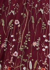 Wine Red dresses,Floral dresses,Party dresses,Elegant dresses,ROTITA Embroidery Wine Red V Neck Short Sleeve Dress