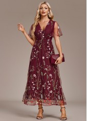 Wine Red dresses,Floral dresses,Party dresses,Elegant dresses,ROTITA Embroidery Wine Red V Neck Short Sleeve Dress