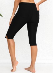 Black bottoms,Plain Color bottoms,Black Mid Waisted Elastic Waist Knee Length Leggings