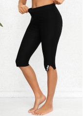 Black bottoms,Plain Color bottoms,Black Mid Waisted Elastic Waist Knee Length Leggings