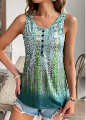 Green tops,Ombre tops,Button Ombre Green Scoop Neck Sleeveless Tank Top