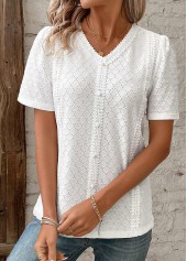 White tops,Plain Color tops,ROTITA Patchwork White V Neck Short Sleeve Blouse