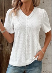 White tops,Plain Color tops,ROTITA Patchwork White V Neck Short Sleeve Blouse