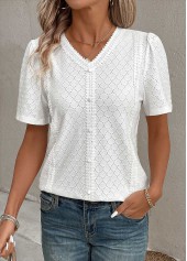 White tops,Plain Color tops,ROTITA Patchwork White V Neck Short Sleeve Blouse