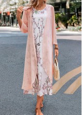 Pink dresses,White dresses,Floral dresses,Plants dresses,Party dresses,Elegant dresses,ROTITA Two Piece Floral Print Pink Maxi Dress and Cardigan