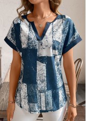 Split Geometric Print Peacock Blue Short Sleeve T Shirt