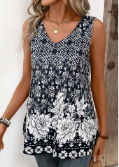 Navy tops,Plants tops,Floral tops,Lightweight Random Floral Print Navy V Neck Tank Top
