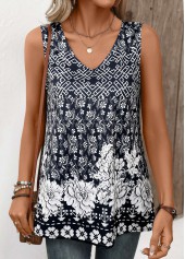 Navy tops,Plants tops,Floral tops,Lightweight Random Floral Print Navy V Neck Tank Top