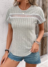 Light Grey tops,Plain Color tops,Patchwork Light Grey Round Neck Short Sleeve T Shirt