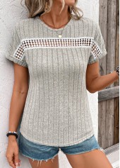 Light Grey tops,Plain Color tops,Patchwork Light Grey Round Neck Short Sleeve T Shirt