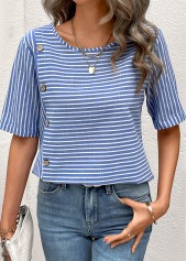 Blue tops,Striped tops,Geometric tops,Button Striped Blue Round Neck Short Sleeve Blouse