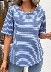 Blue tops,Striped tops,Geometric tops,Button Striped Blue Round Neck Short Sleeve Blouse