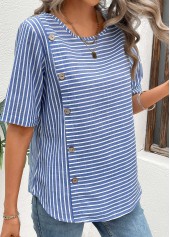 Blue tops,Striped tops,Geometric tops,Button Striped Blue Round Neck Short Sleeve Blouse