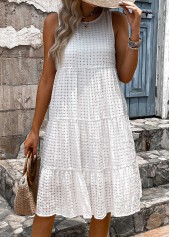 White dresses,Plain Color dresses,Vacation dresses,Vacation dresses,ROTITA Breathable White Round Neck Sleeveless Dress