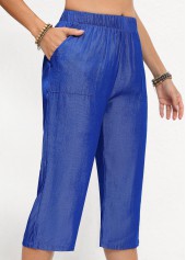 Denim Blue bottoms,Plain Color bottoms,Double Side Pockets Elastic Waist Denim Blue Pants