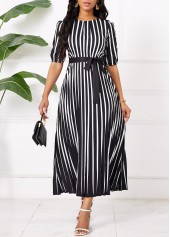 Schwarzes Maxikleid mit Rundhalsausschnitt Streifen und Schirmsaum