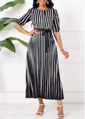 Black dresses,Striped dresses,Geometric dresses,Party dresses,Elegant dresses,Umbrella Hem Striped Black Belted Maxi Round Neck Dress