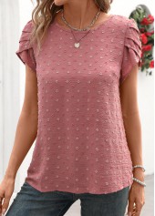 Jacquard-Bluse mit Rundhalsausschnitt und kurzen Ärmeln in Dunkelrot-Lila