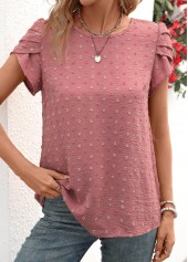 Dark Reddish Purple tops,Plain Color tops,Jacquard Dark Reddish Purple Round Neck Short Sleeve Blouse