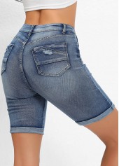 Denim Blue bottoms,Plain Color bottoms,Pocket Denim Blue Skinny Button Fly High Waisted Shorts