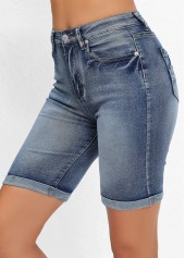 short taille haute en denim bleu avec poche et braguette skinny boutonnée