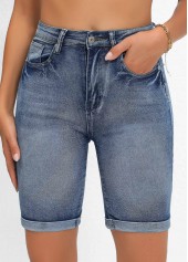 Denim Blue bottoms,Plain Color bottoms,Pocket Denim Blue Skinny Button Fly High Waisted Shorts