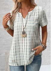 Light Green plus size,Striped plus size,Geometric plus size,ROTITA Split Striped Light Green Short Sleeve Blouse